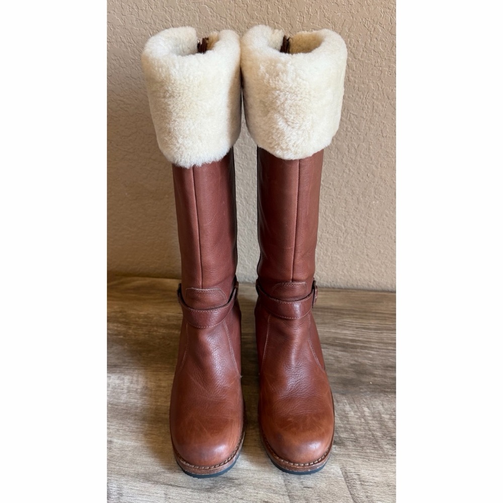 UGG Langley Cognac Leather Sheepskin Tall Boots Waterproof Winter Boots - Picture 3 of 16